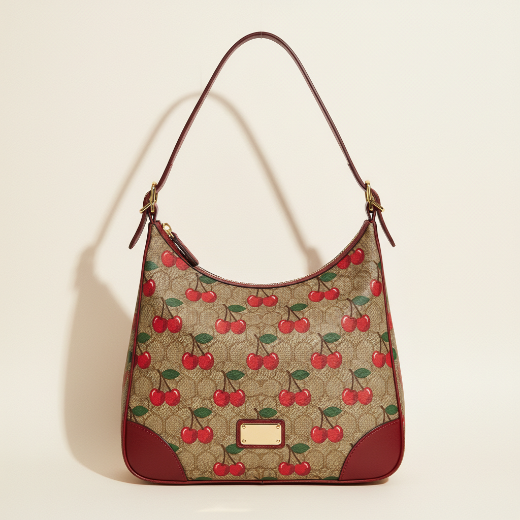 Khaki signature canvas hobo shoulder bag with cherry print, red leather trim and strap, and blank gold plate on a plain studio background