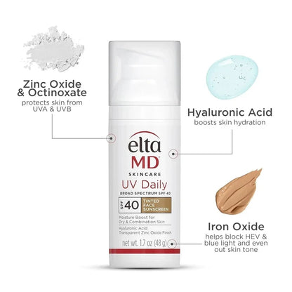 EltaMD UV Daily Tinted Broad Spectrum SPF 40 Face Sunscreen 1.7 oz / 48g | Moisturizing Facial Sunscreen with Hyaluronic Acid | Brand New