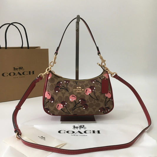 Coach Teri Shoulder Bag in Signature Canvas with Wild Strawberry Print in Red