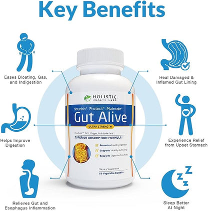 Holistic Health Labs Gut Alive - All Natural Support to Fight IBS, Heartburn & (60 Count (Pack of 3)