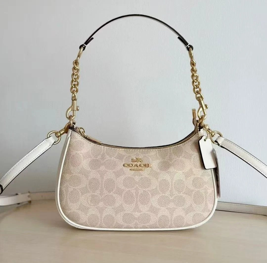 Coach Teri Shoulder Bag in Light Khaki Signature Canvas with Gold Chain Strap