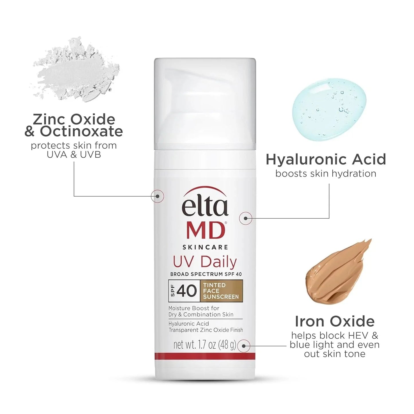 EltaMD UV Daily Broad Spectrum SPF 40 Tinted Face Sunscreen with Hyaluronic Acid 1.7 oz (48g) – Moisturizing UVA/UVB Protection