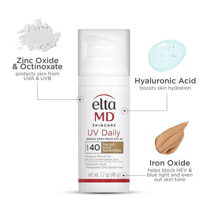 EltaMD UV Daily Broad Spectrum SPF 40 Tinted Face Sunscreen with Hyaluronic Acid 1.7 oz (48g) – Moisturizing UVA/UVB Protection