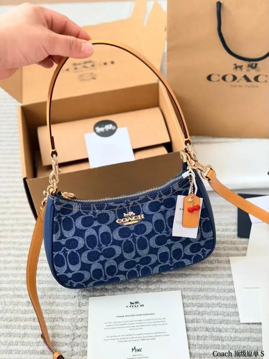 Coach Signature Denim Hobo Bag held up showing back
