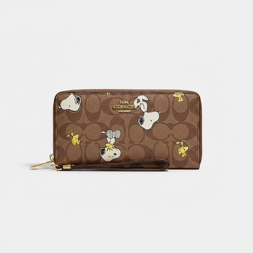 Brown Snoopy signature zip wallet with wristlet strap on a clean warm white studio background