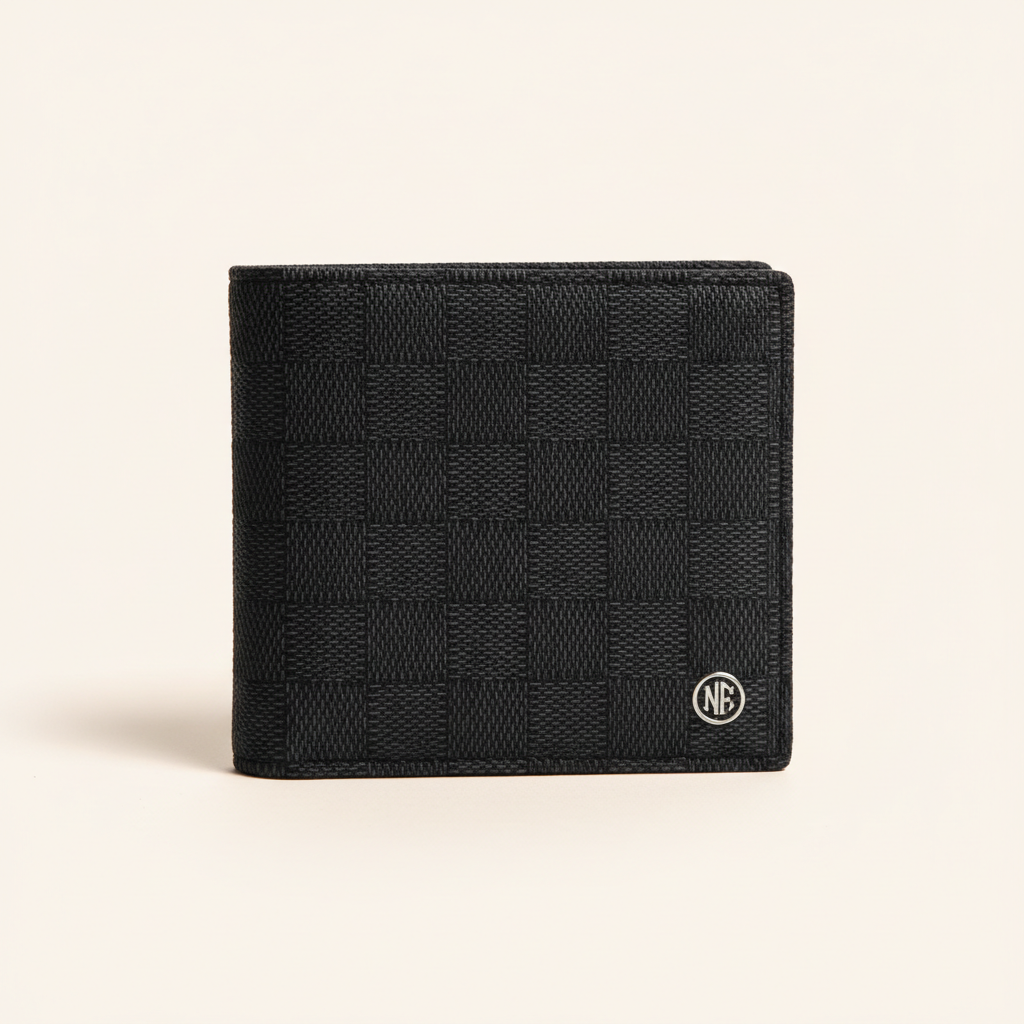 Black and grey Damier Graphite checkered bifold wallet on a plain studio background