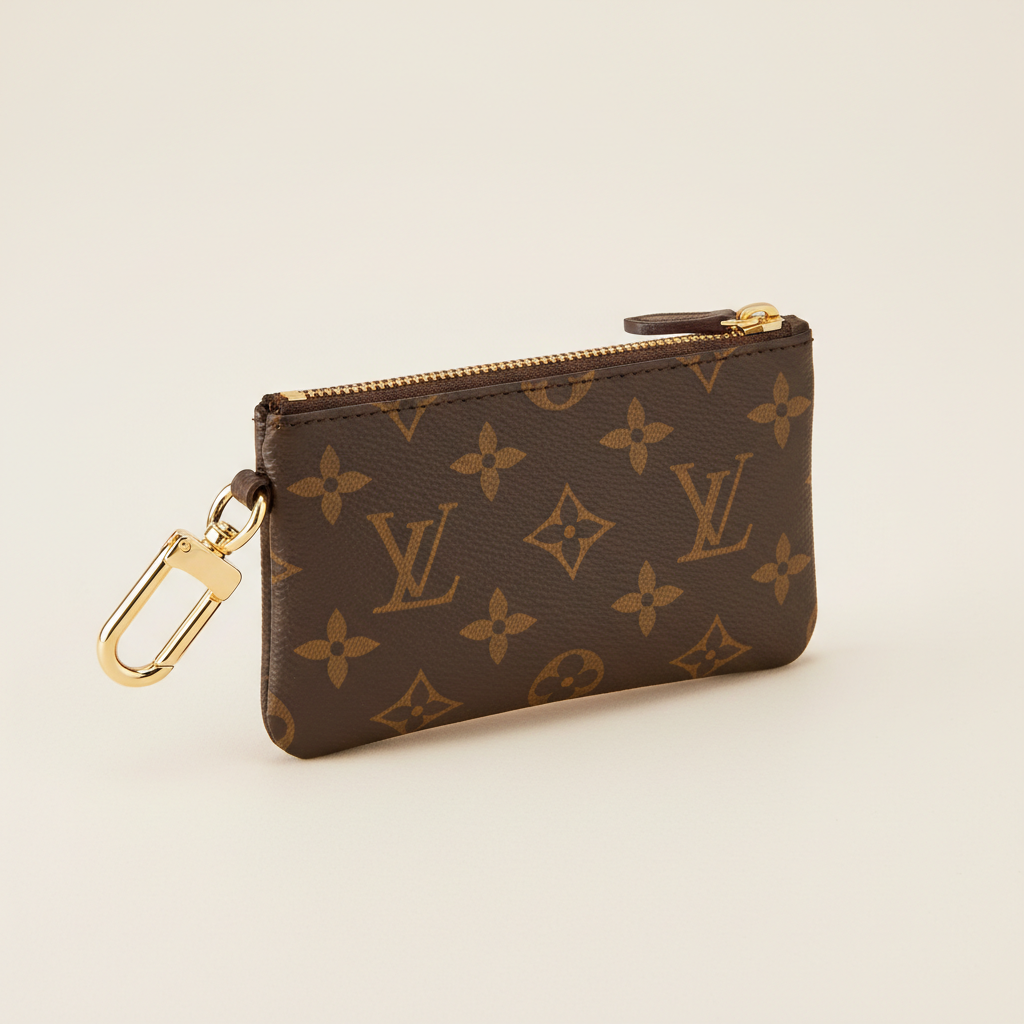 Small brown monogram canvas zip coin pouch with gold carabiner hook on a plain studio background