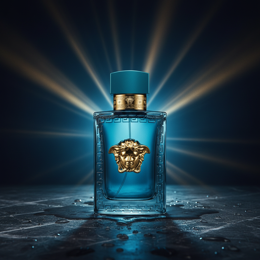 Versace Eros Parfum 120ml blue bottle on dark wet marble