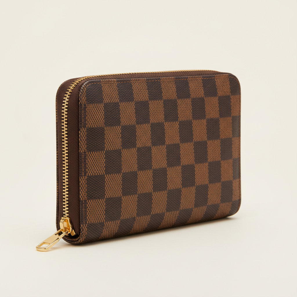 Brown and tan Damier checkered long zippy wallet with gold zipper on a plain studio background