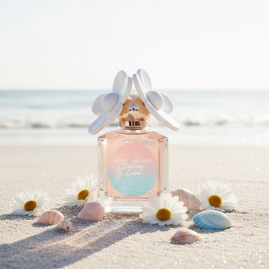 Marc Jacobs Daisy Love EDT 100ml bottle on sandy beach with daisies