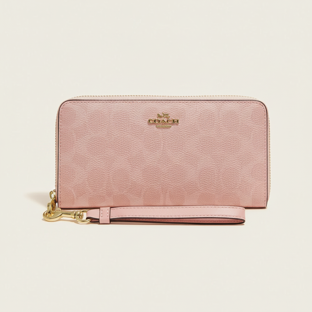 Pink textured zip wallet with wristlet strap and gold-tone hardware on a clean warm white studio background