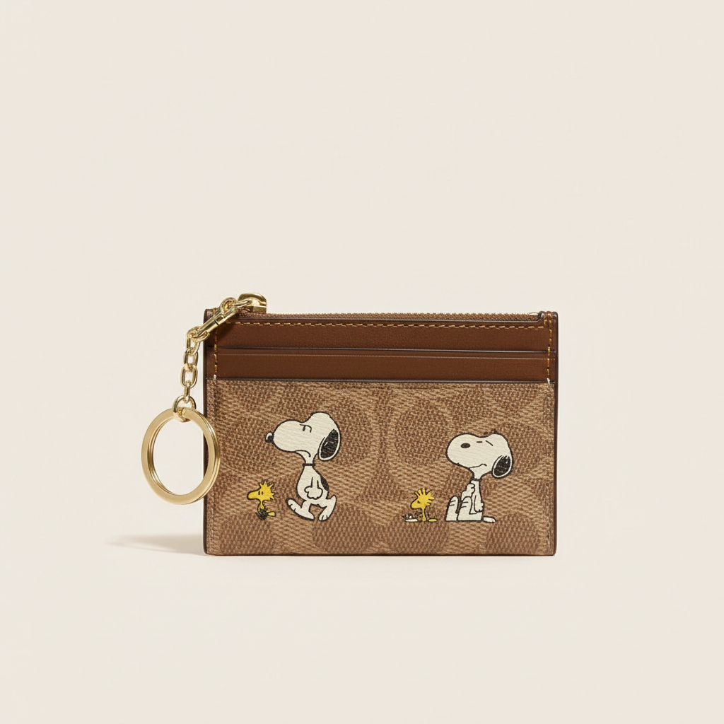 Brown Snoopy card holder keychain with card slots and gold ring on a warm white studio background