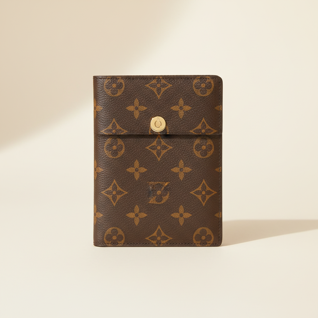Brown monogram canvas long flap wallet with gold clasp on a plain studio background
