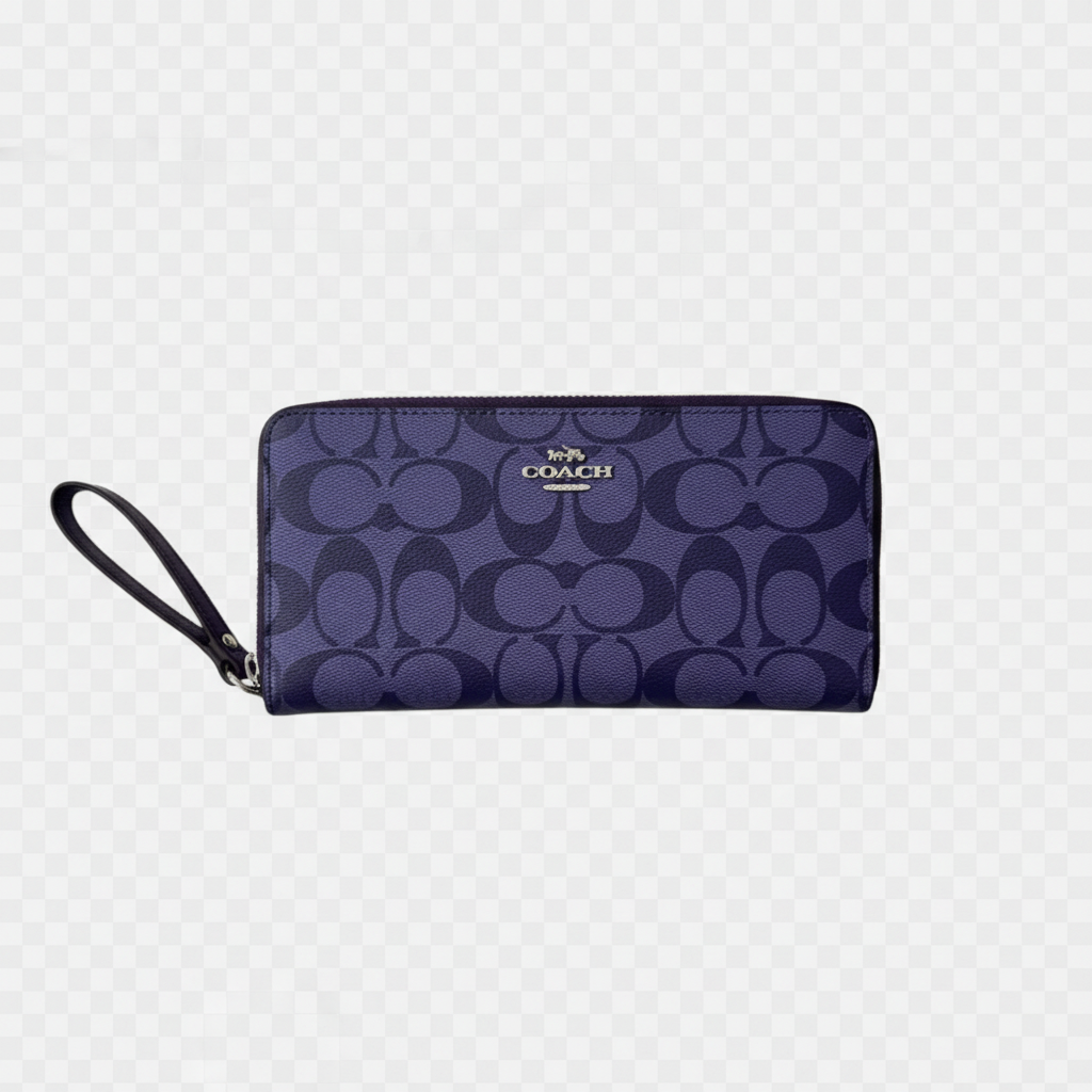Purple signature zip wallet with wrist strap on a transparent background
