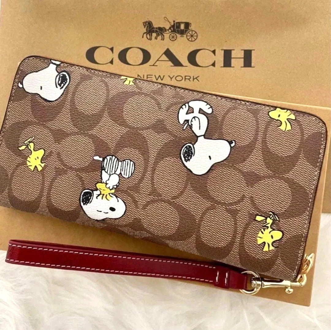 COACH x PEANUTS Long Zip Around Wallet Snoopy Woodstock Khaki Signature CE705